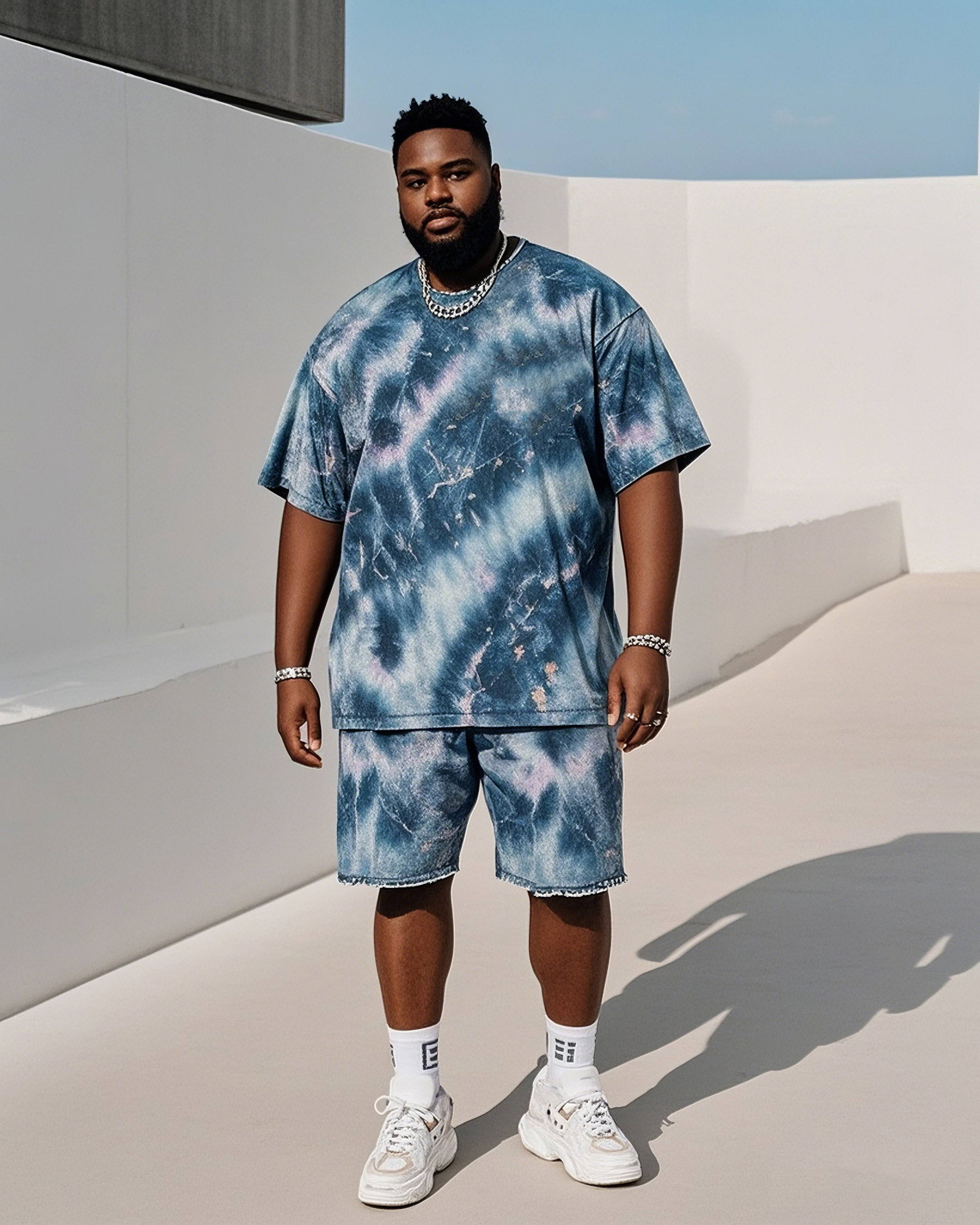 Plus Size Men's Neon Print Short Sleeve T-Shirt Shorts Denim Suit