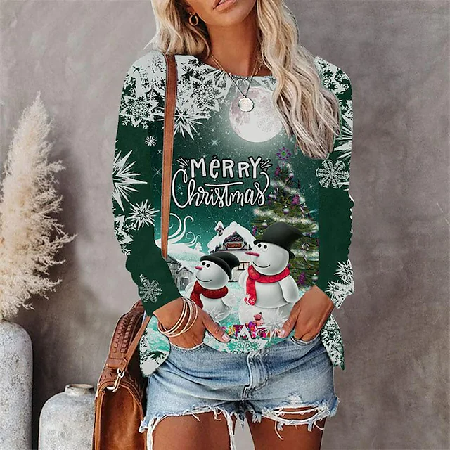 Women's Christmas T shirt Print Long Sleeve Christmas Weekend Basic Round Neck Regular Painting trabladzer