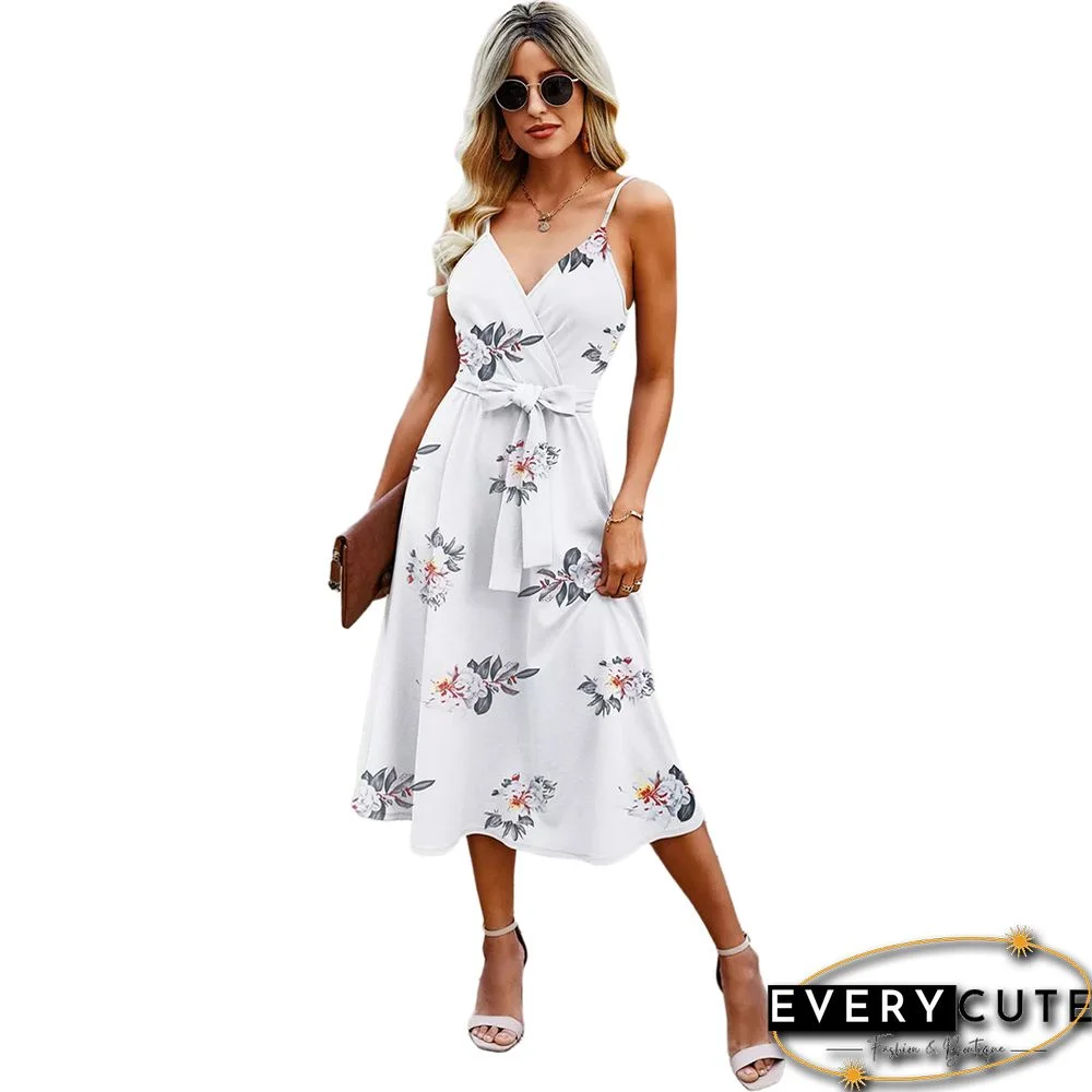 White Floral Print Spaghetti Straps Tie Waist Midi Dress