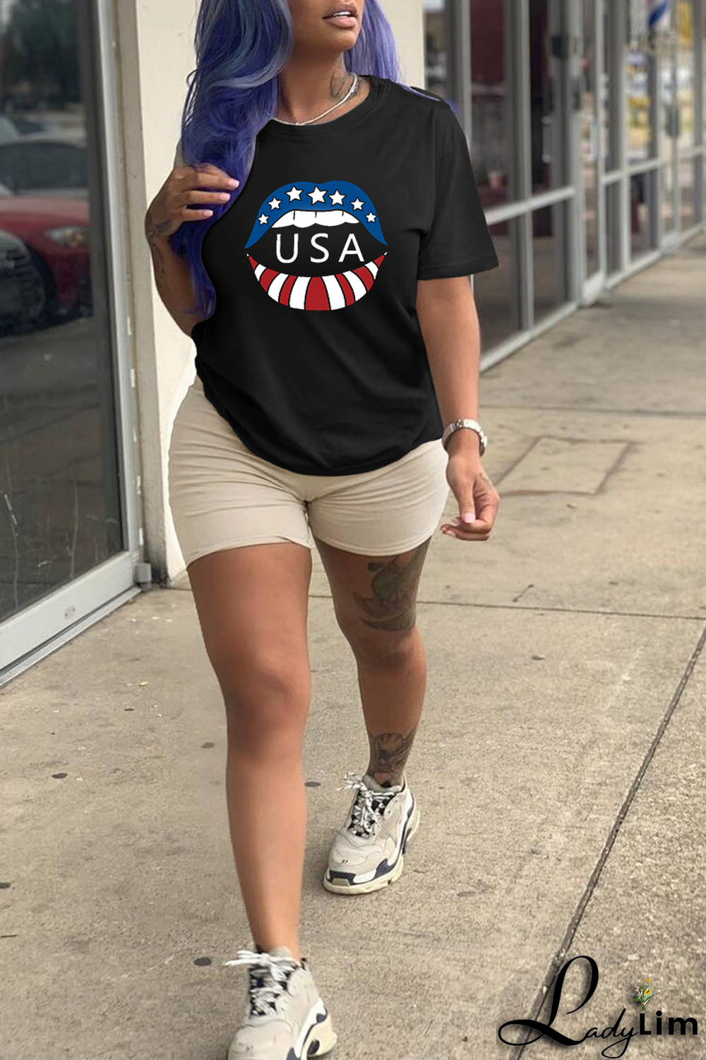 Black Fashion Casual Lips Printed Split Joint Letter O Neck T-Shirts