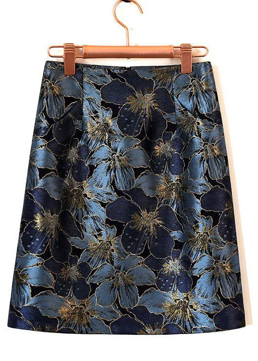 Boutique Blue Jacquard Patchwork Zippered Silk Skirts Spring