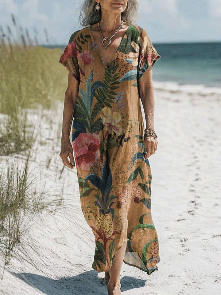 Women's Vintage Flower Art Print Pocket Cotton Dress
