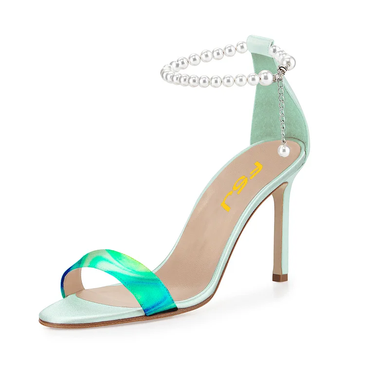 Turquoise Ankle Strap Sandals Open Toe Stiletto Heels with Pearls |FSJ Shoes