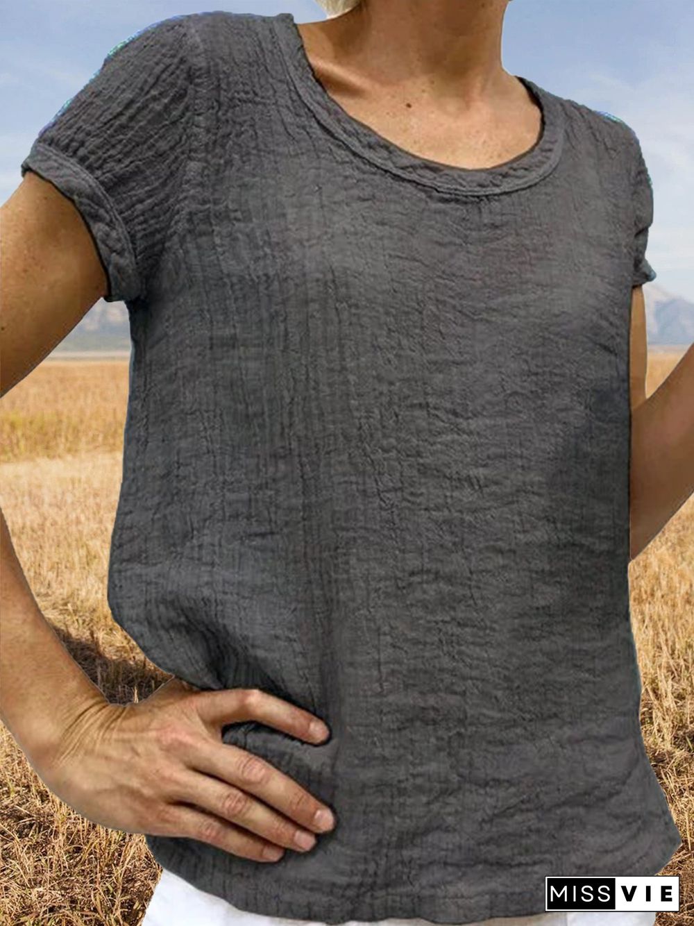 Women Casual Linen Cotton Plain Short Sleeve Blouses