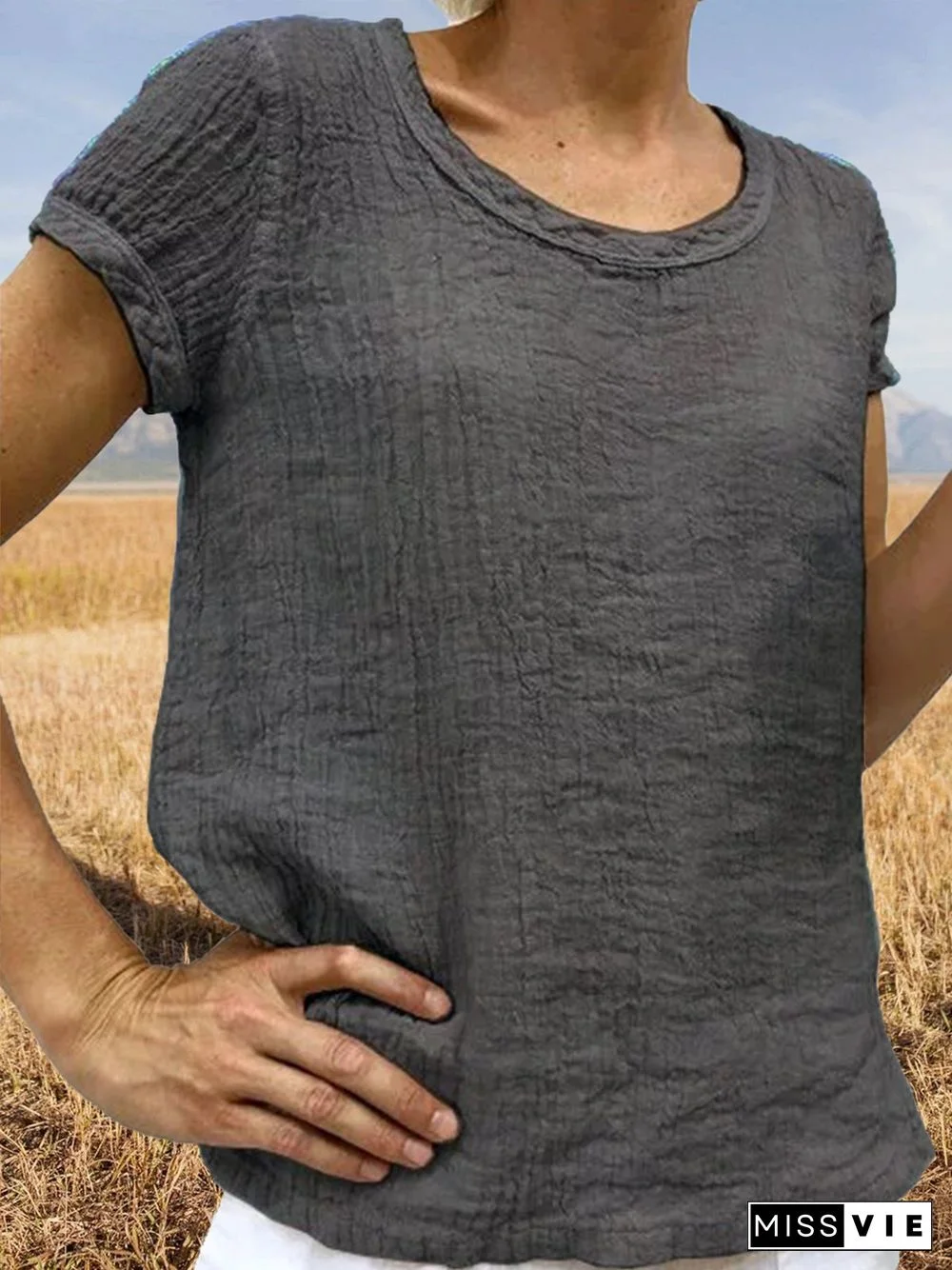 Women Casual Linen Cotton Plain Short Sleeve Blouses