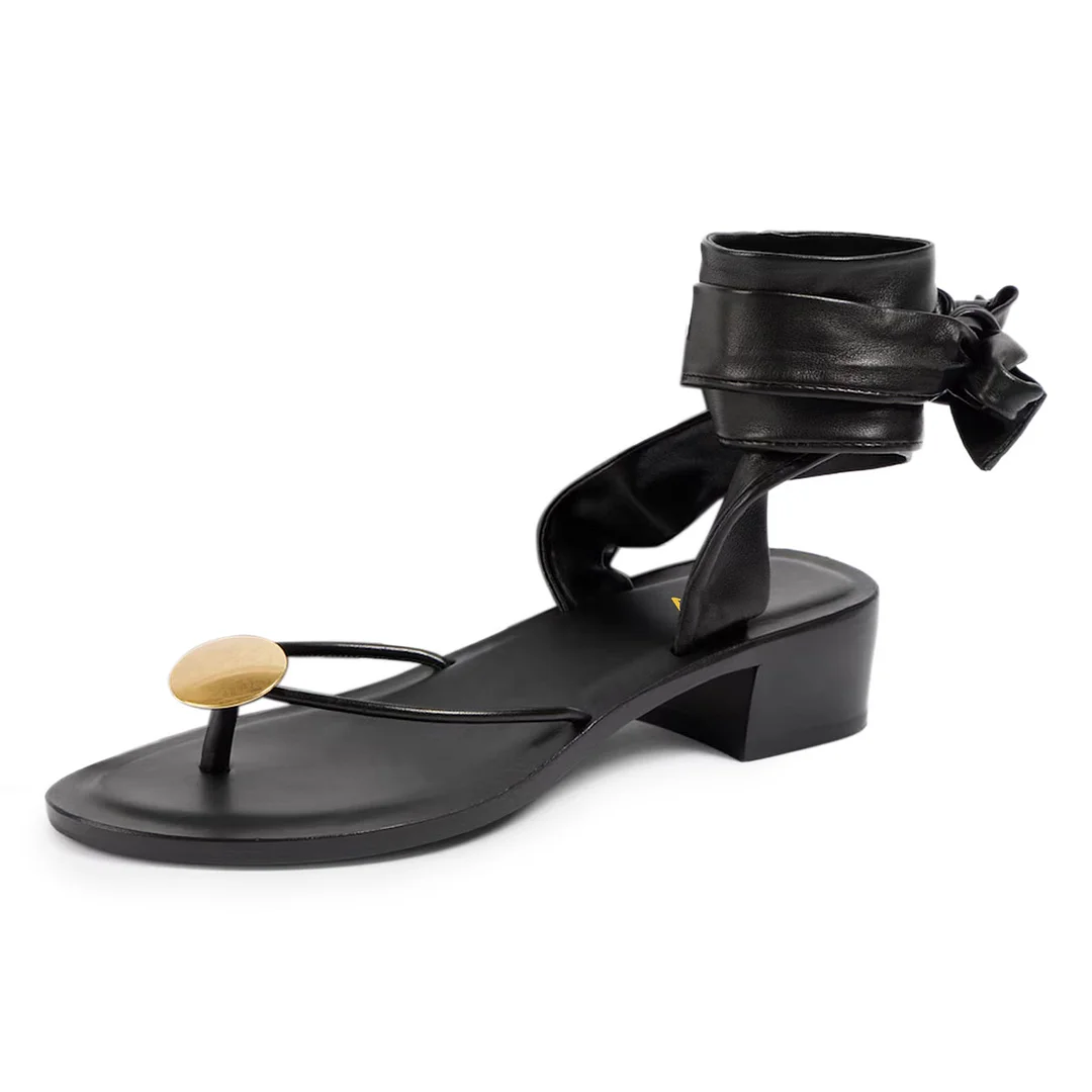  Ankle Strap Buckle Open Toe Block Heel Black Sandals for Women