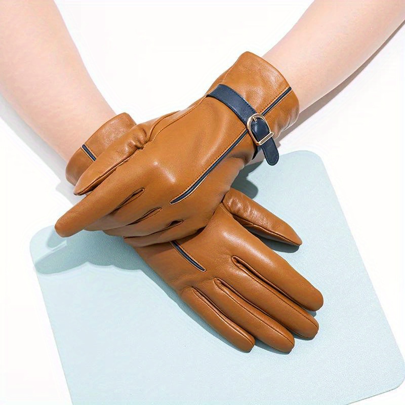 Short Genuine Leather Buckle Gloves Women's Stylish Soft Warm Gloves Autumn Winter Windproof Split Finger Gloves