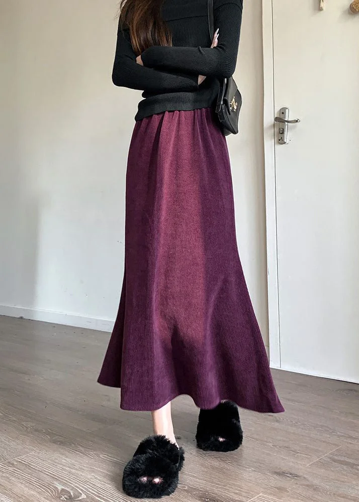 Italian Purple Solid Elastic Waist Corduroy Skirts Spring