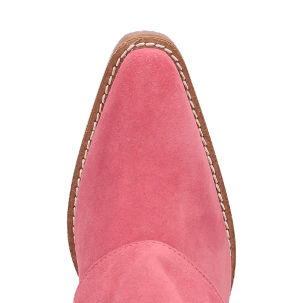 Vegan Suede Chunky Heel Almond Toe Fringe Cowgirl Boots in Pink
