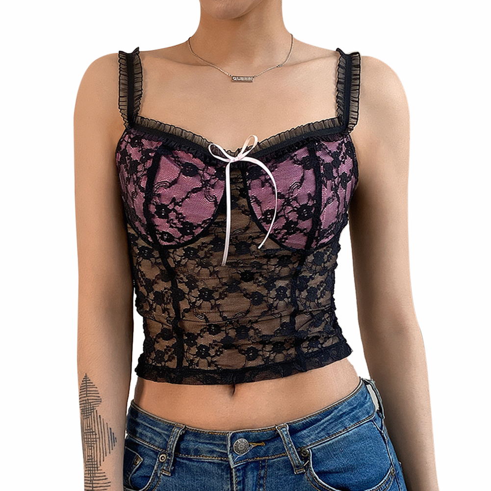 

Women Sexy Lace Patchwork Camisole See Through Slip Crop Tops -Black, 501 Original