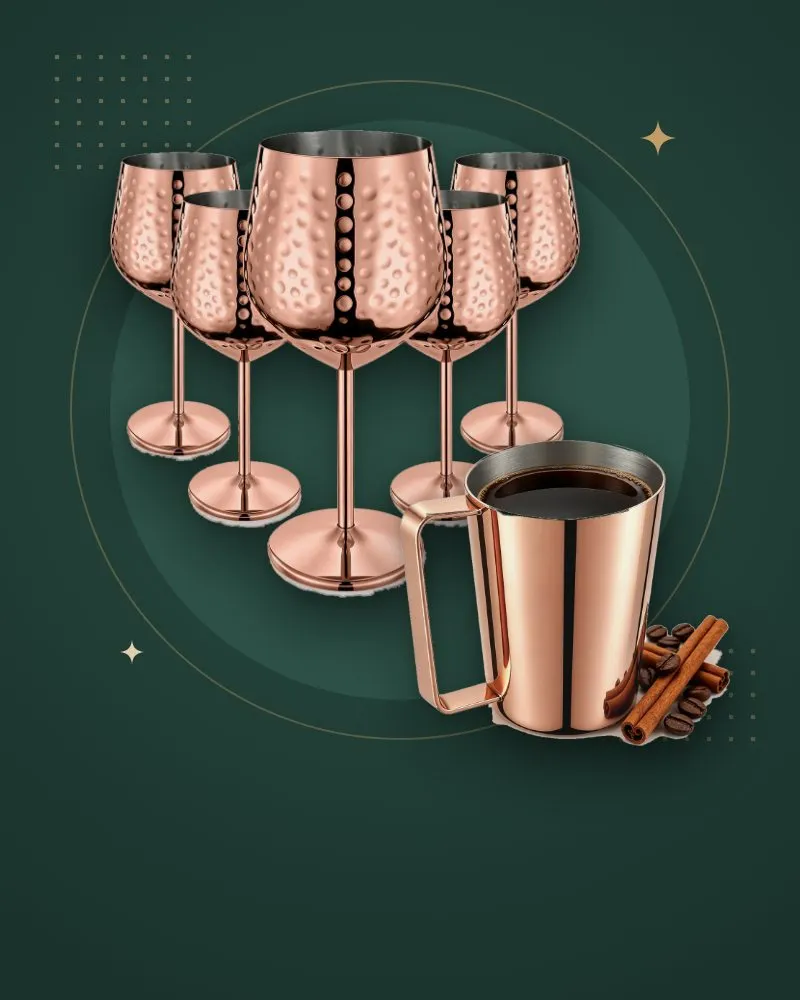 Hammered copper-tone goblets and a copper-tone mug