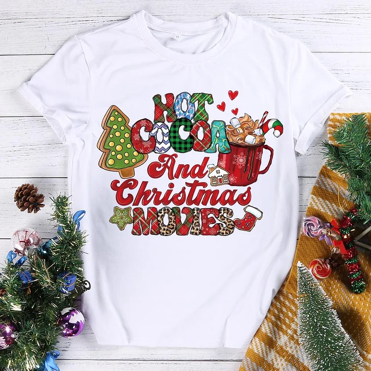 Christmas Hot Cocoa and Movies Round Neck T-shirt-0018583