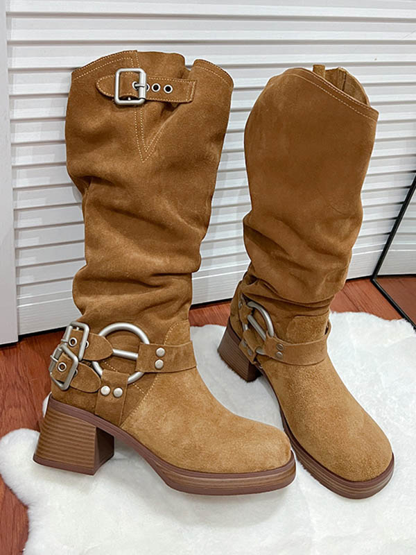 Buckle Round-Toe Split-Joint Velvet Boots Pumps