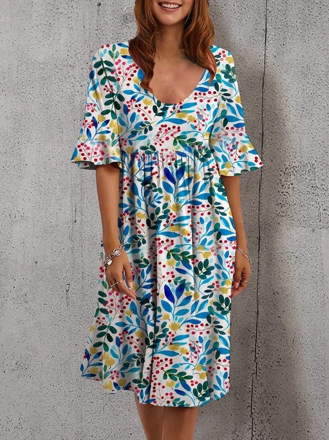 Women's Round Neck Retro Printed Medium Sleeve Dress