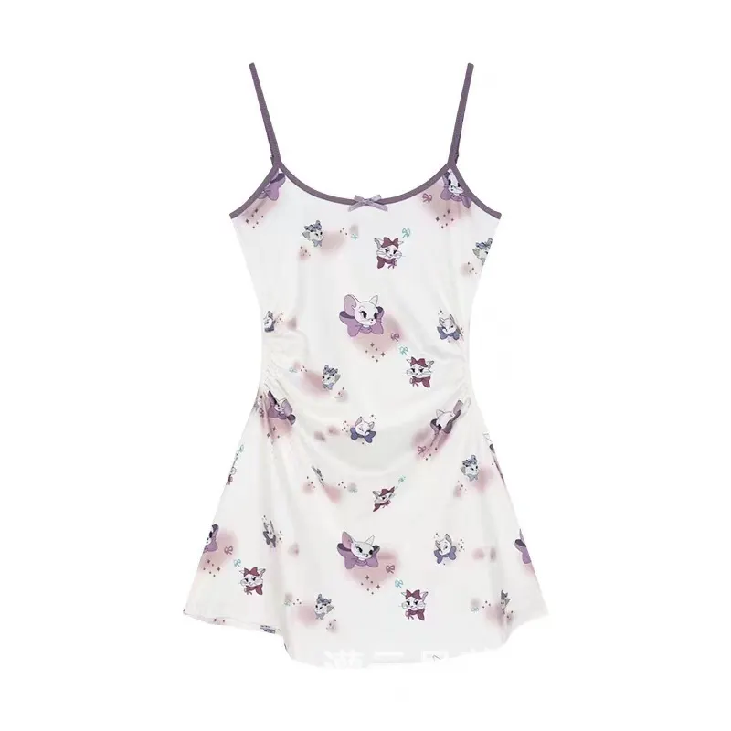 Churchf Night Swear Ti Ti Ti's Big-Size Cat Prints Slimmed-Up Dress Sweet Bow Sling Skirt Sexy Waist Girl