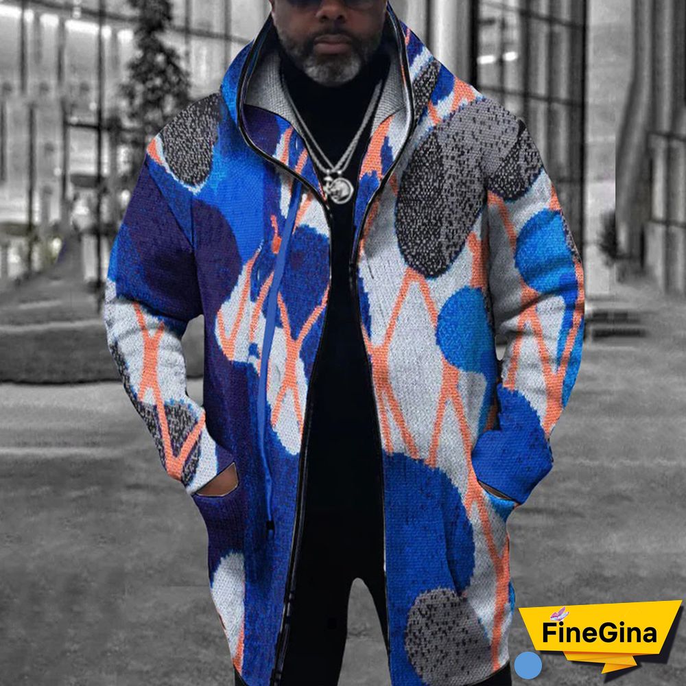 Blue Casual National Totem Patchwork Hooded Collar Outerwear