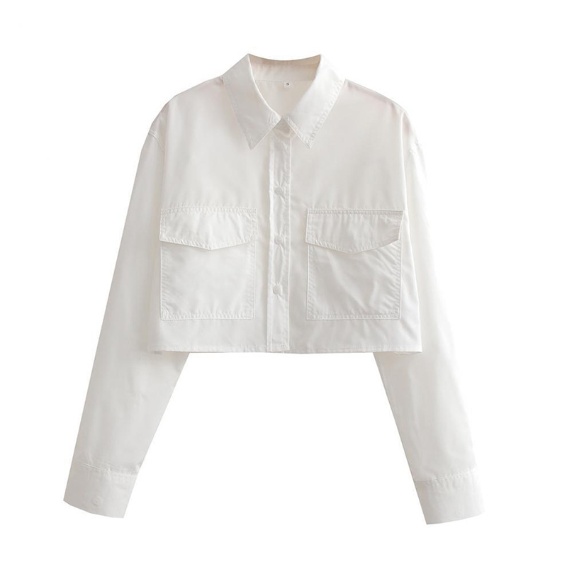Lazycackle Women Fashion With Pockets Loose Cropped Poplin Shirts Vintage Long Sleeve Button-up Female Blouses Blusas Chic Tops