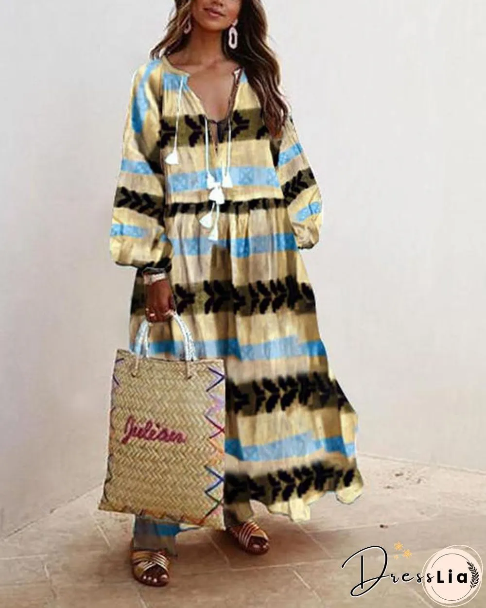 Plus Size Dress Balloon Sleeves Boho Printed Maxi Dresses