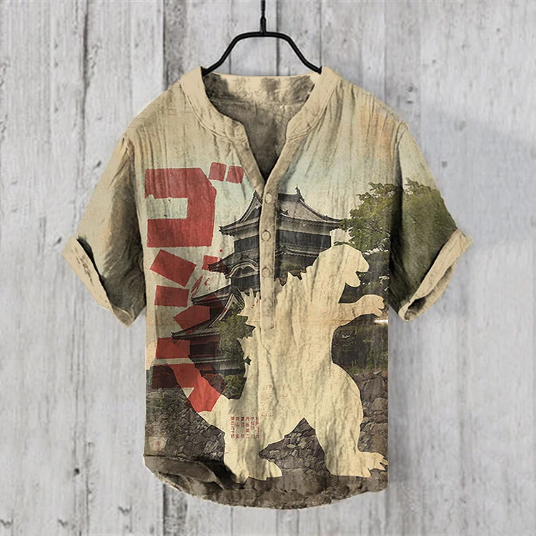 Retro Godzilla Kyoto Japanese Art Linen Blend Shirt