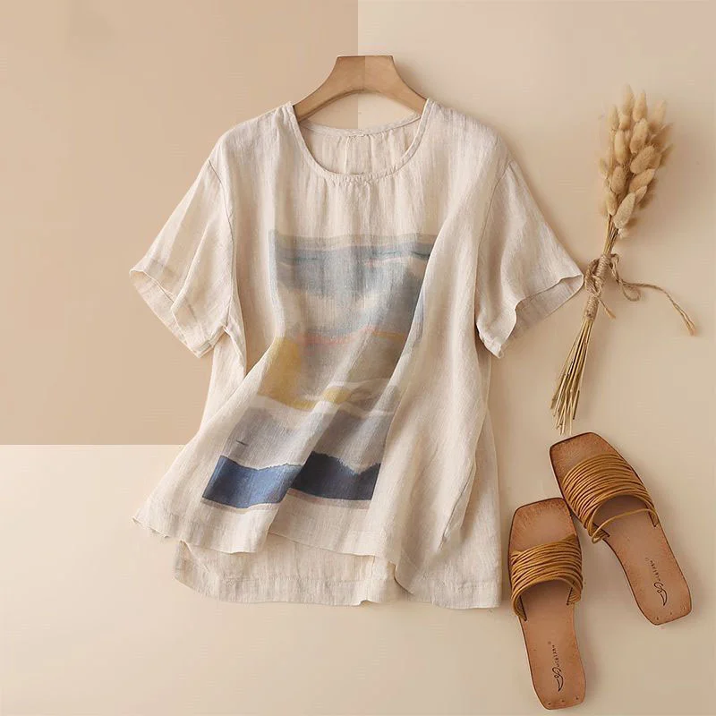 Simple Thin Printed Cotton Linen T-Shirt