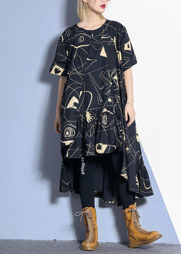 VCSHOES Loose black prints Cotton dresses low high design daily summer Dress