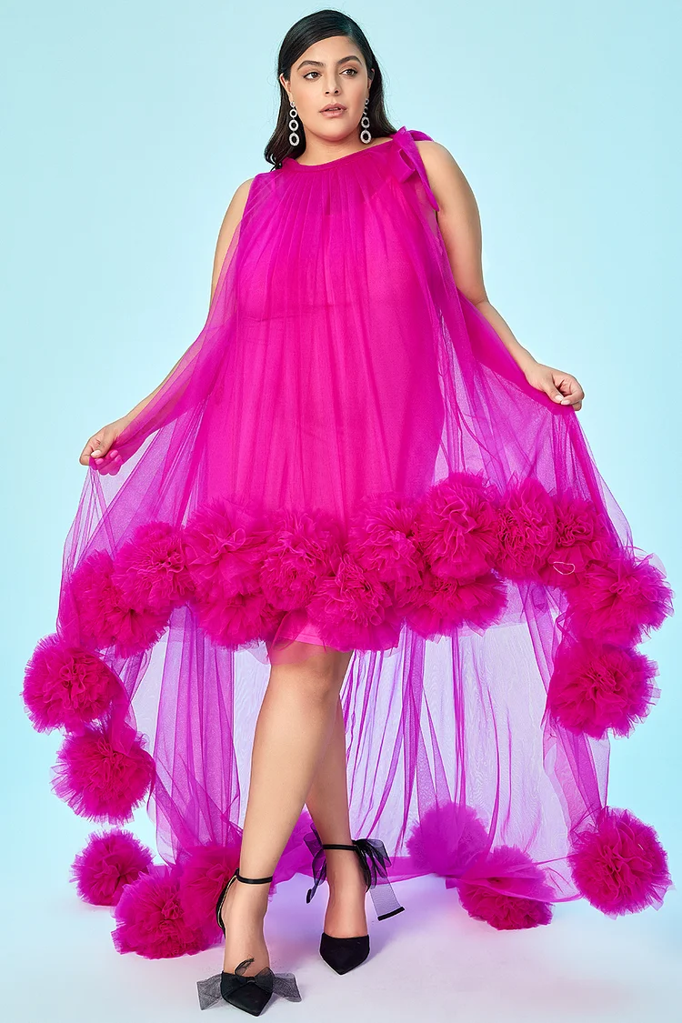 Xpluswear Design Plus Size Homecoming Dress Magenta Ruffle Mesh Sleeveless Asymmetrical Maxi Dress [Pre-Order]