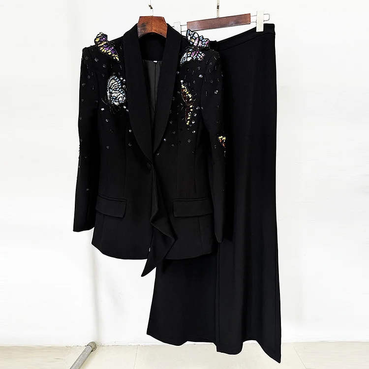 Luxe 3D Butterfly & Crystal Embellished  Suit Set | Tailored Two-Piece Elegance