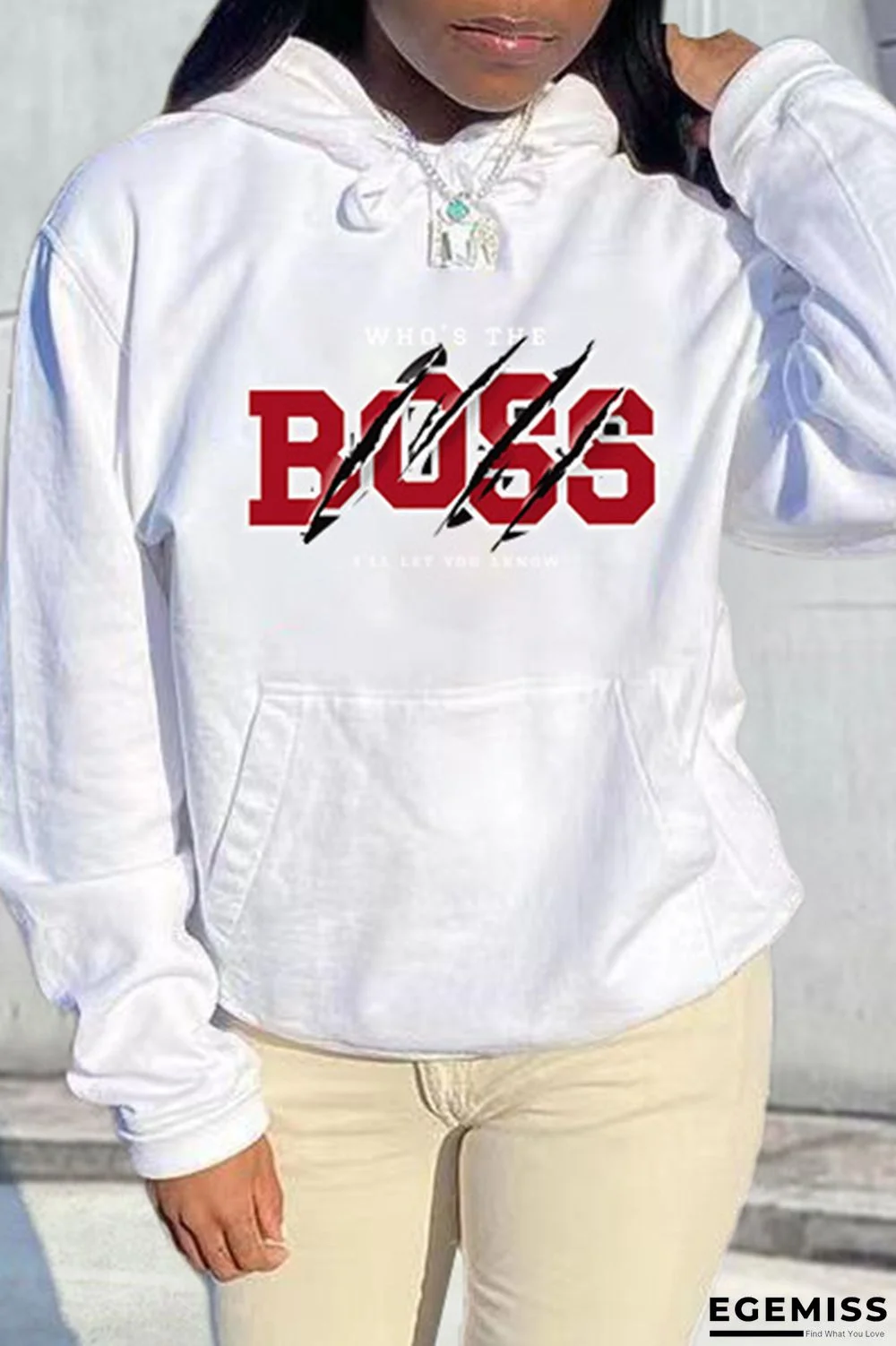 White Red Fashion Casual Letter Print Basic Hooded Collar Tops | EGEMISS