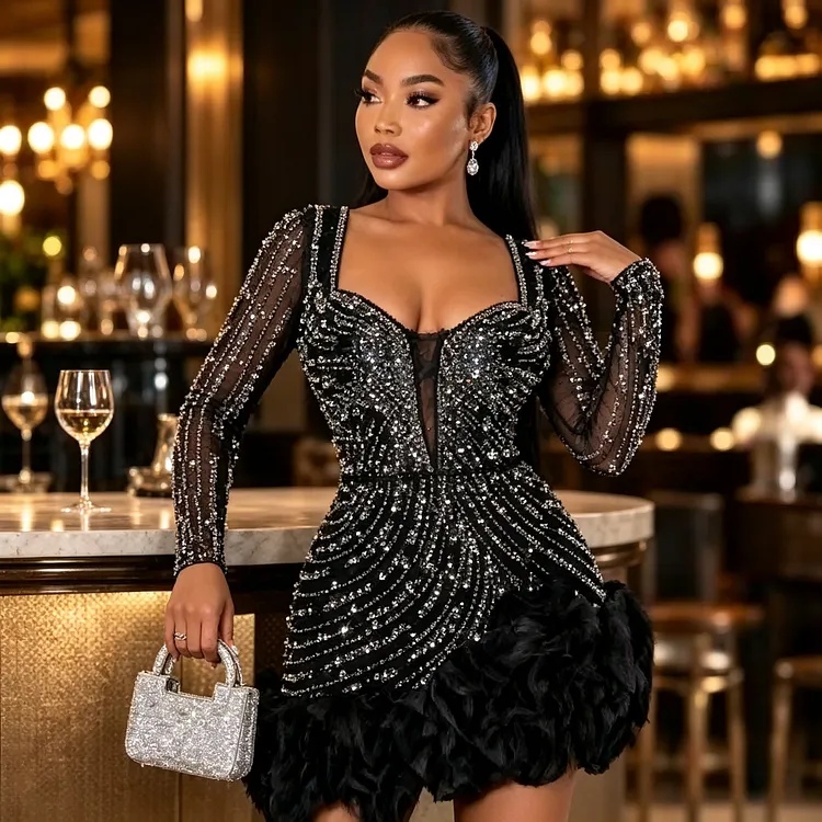 Women&rsquo;s Luxury Rhinestone Beaded Mini Dress &ndash; Long Sleeve Sheer Mesh Bodycon Party Dress with Ruffle Hem, Elegant Sparkly Cocktail & Evening Dress