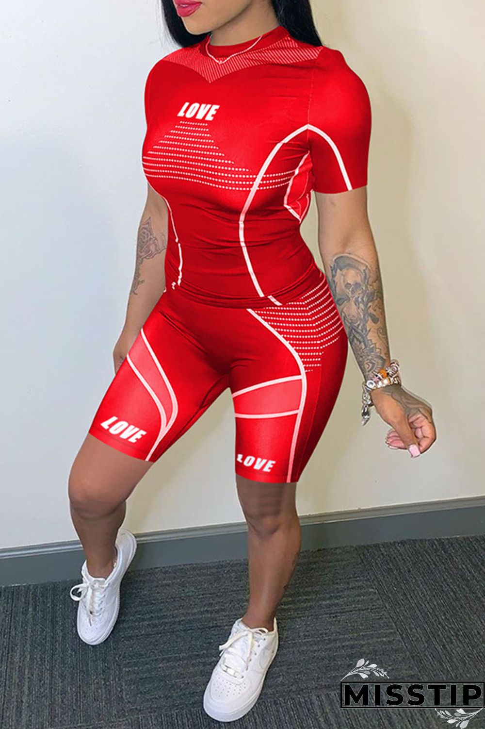 Black Casual Sportswear Print Patchwork O Neck Short Sleeve Two Pieces