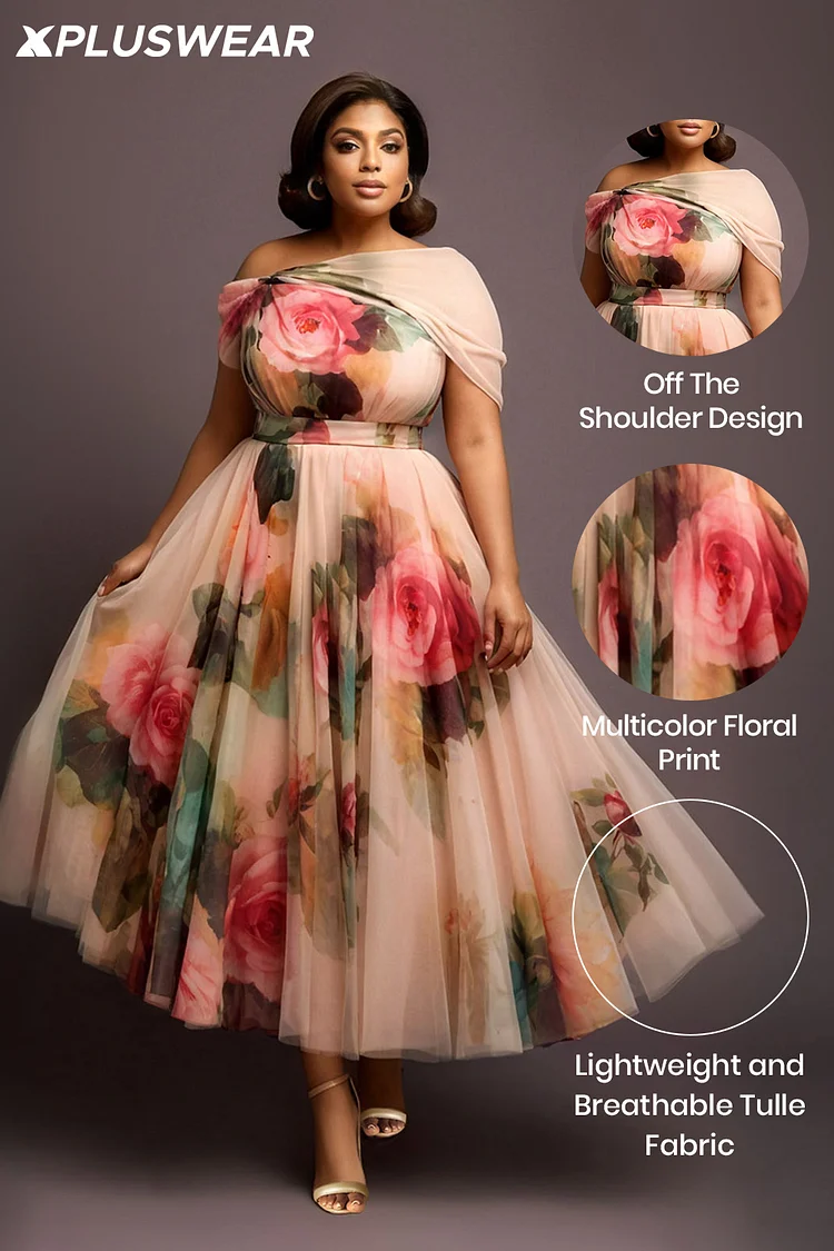 Xpluswear Design Plus Size Wedding Guest Multicolor Floral Off The Shoulder Pocket Tulle Midi Dresses [Pre-Order]