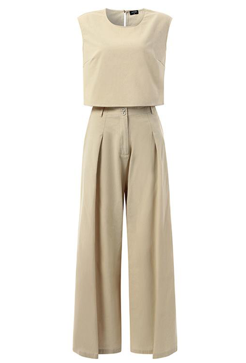 Casual Solid Split Joint O Neck Sleeveless Two Pieces(3 Colors)