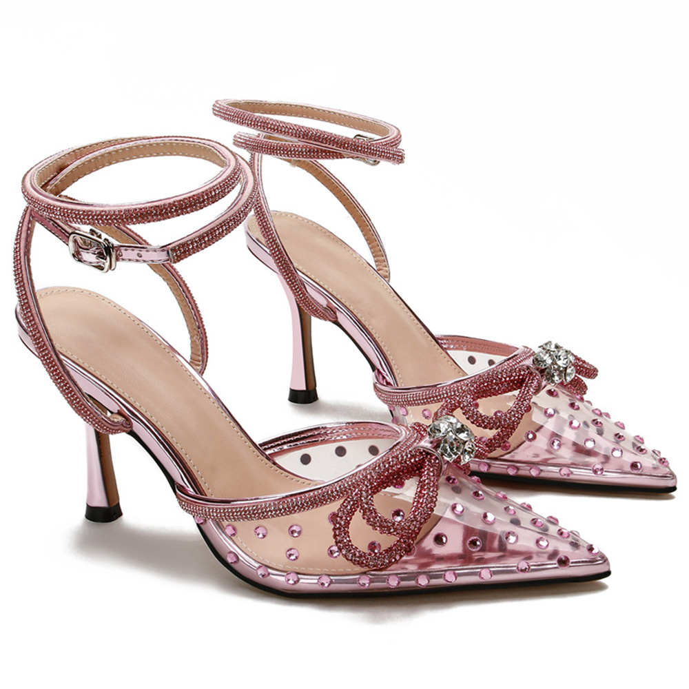 85mm Women's Stiletto Heel Ankle Strap Pumps Pointed Toe Crystal High Heels Sandals Summer Banquet Daily Wedding Shoes-MERUMOTE