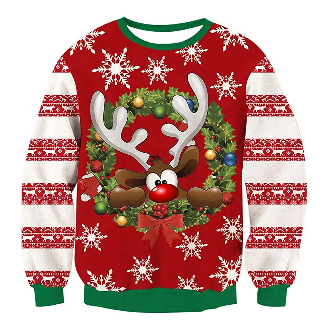 Unisex Snow Reindeer Print Crew Neck Ugly Christmas Sweatshirt
