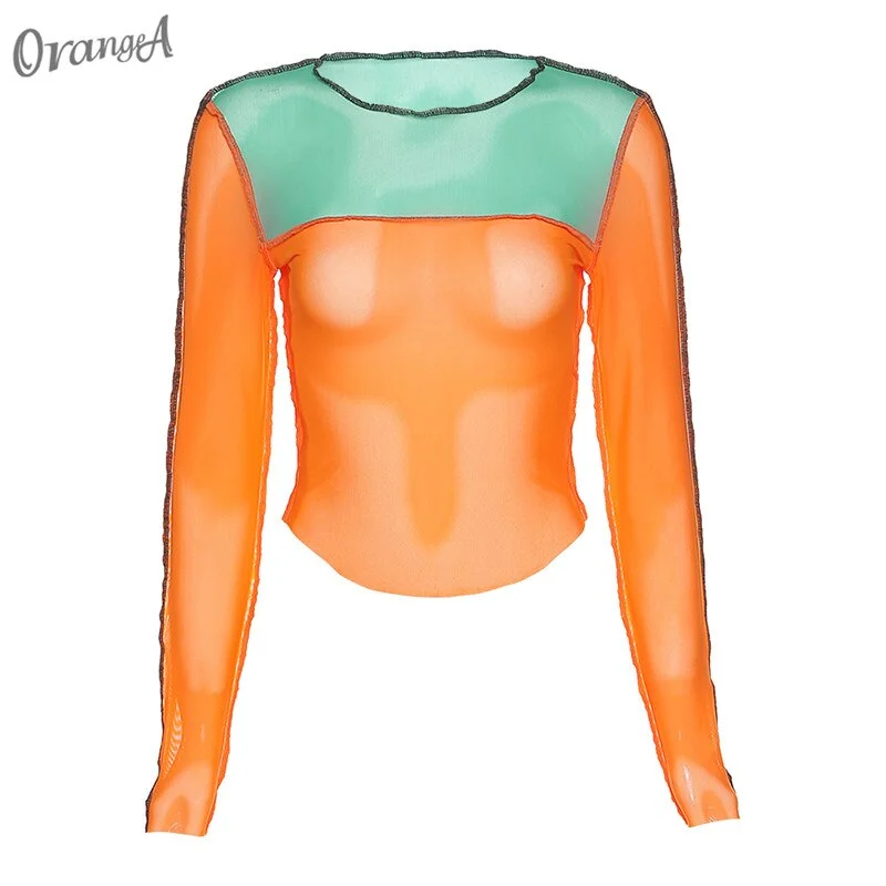 OrangeA mesh see through long sleeve o-neck crop top striped patchwork asymmetry club party wear t shirts elastic fashion outfit