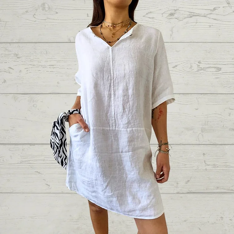 Linen-Cotton V-Neck Loose Fit Pocketed Dress 