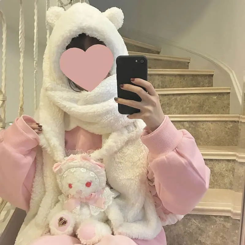 Warm hat scarf one hooded bib female winter imitation lamb hair Japanese thickening cute bear ears tide winter warmth artifact