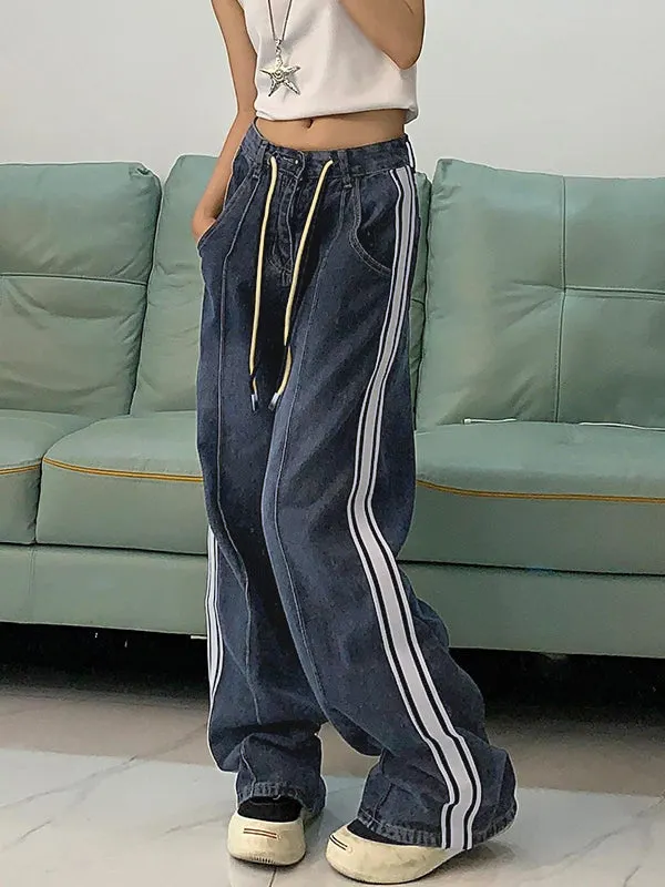 Brownm boyfriend jeans with splice piping and drawstring