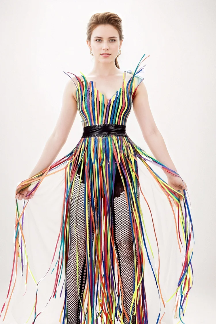 Women Latex Dress Rainbow Fringe Artistic Latex Dress