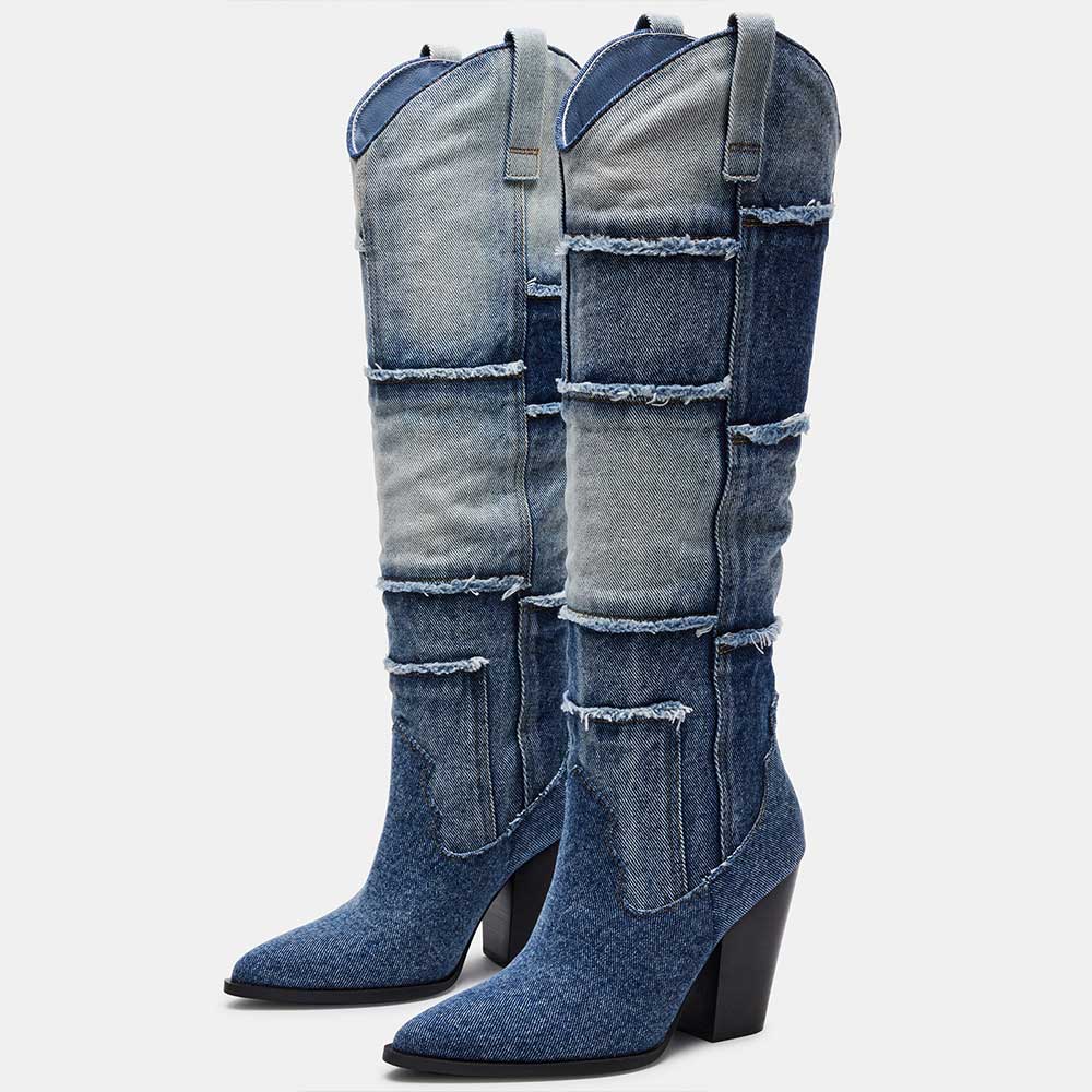Blue Denim Pointed Toe Chunky Heel Knee High Winter Boots Nicepairs