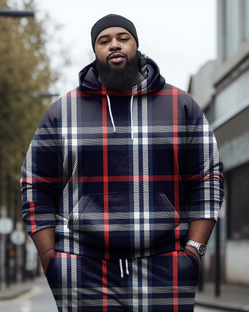Men's Plus Size Check Color Block Casual Hoodie and Sweatpants Two Piece Set