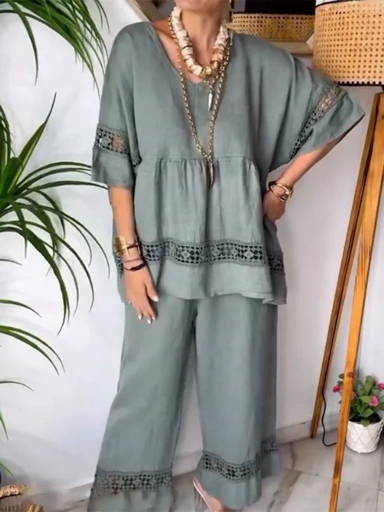 Women's Lace-paneled Top and Pants Linen Two-piece Suit