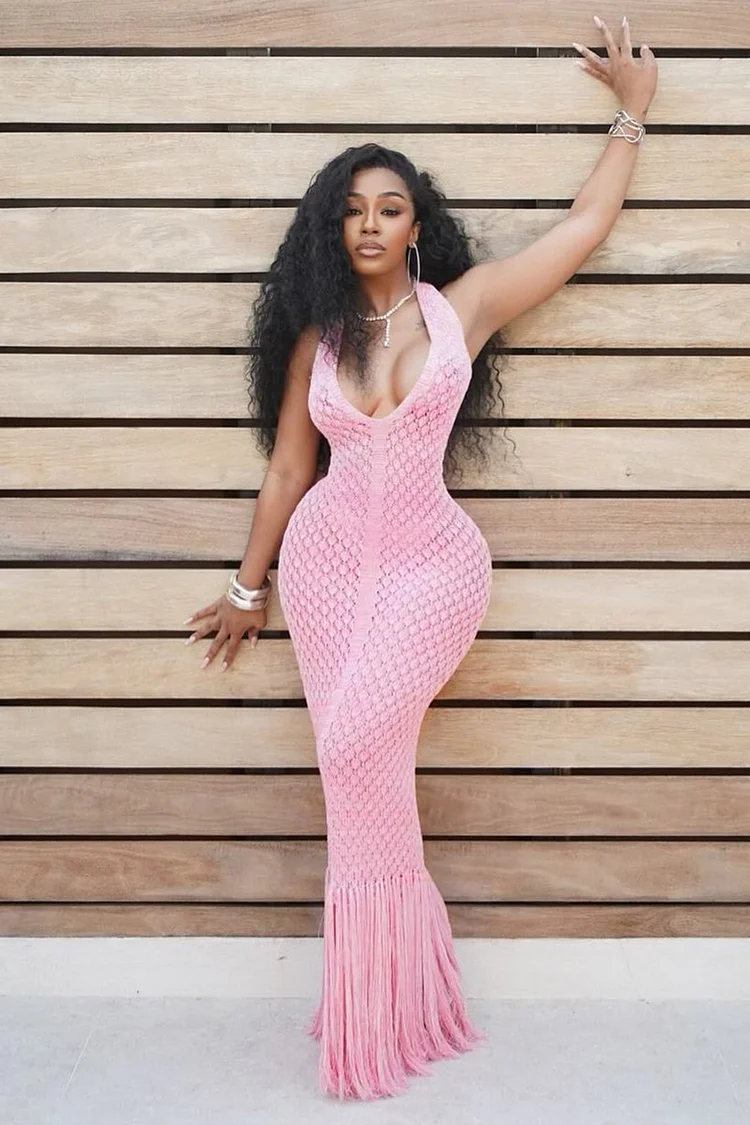 Halter Backless Fringe Pattern Knit Vacation Maxi Dresses-Pink