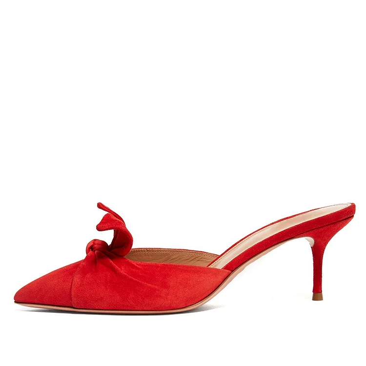 Red Vegan Suede Knotted Stiletto Heel Mules Shoes |FSJ Shoes