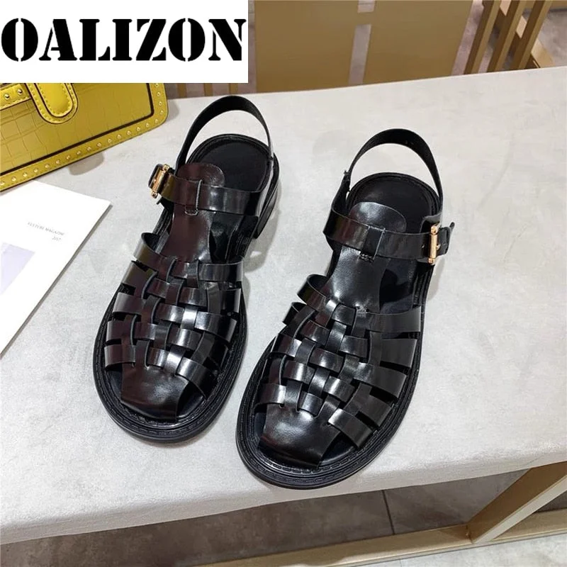 New Summer Women's Casual Low Chunky Heels Sandals Flat Shoes Women Buckle Strape Slippers Hollow Out Woven Sandals Shoes Woman