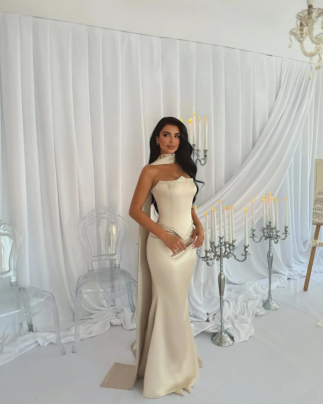 Graceful Straight Across Beaded Sleeveless Mermaid Prom Dress With Scarf YK0274
