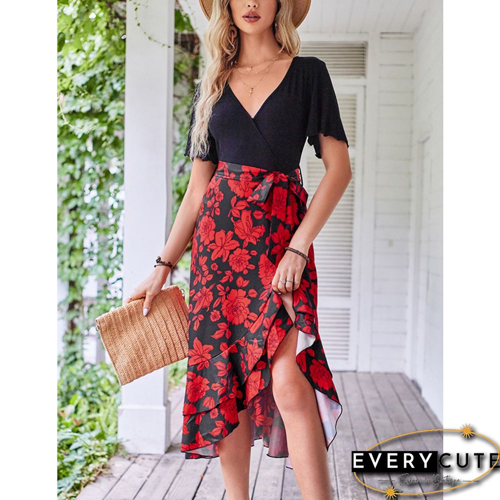 Red Floral Print Splicing V Neck Dress with Slit