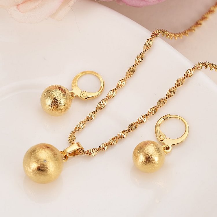 24k Gold cute Bead Jewelry sets necklace Round Ball pendant Earrings for Women