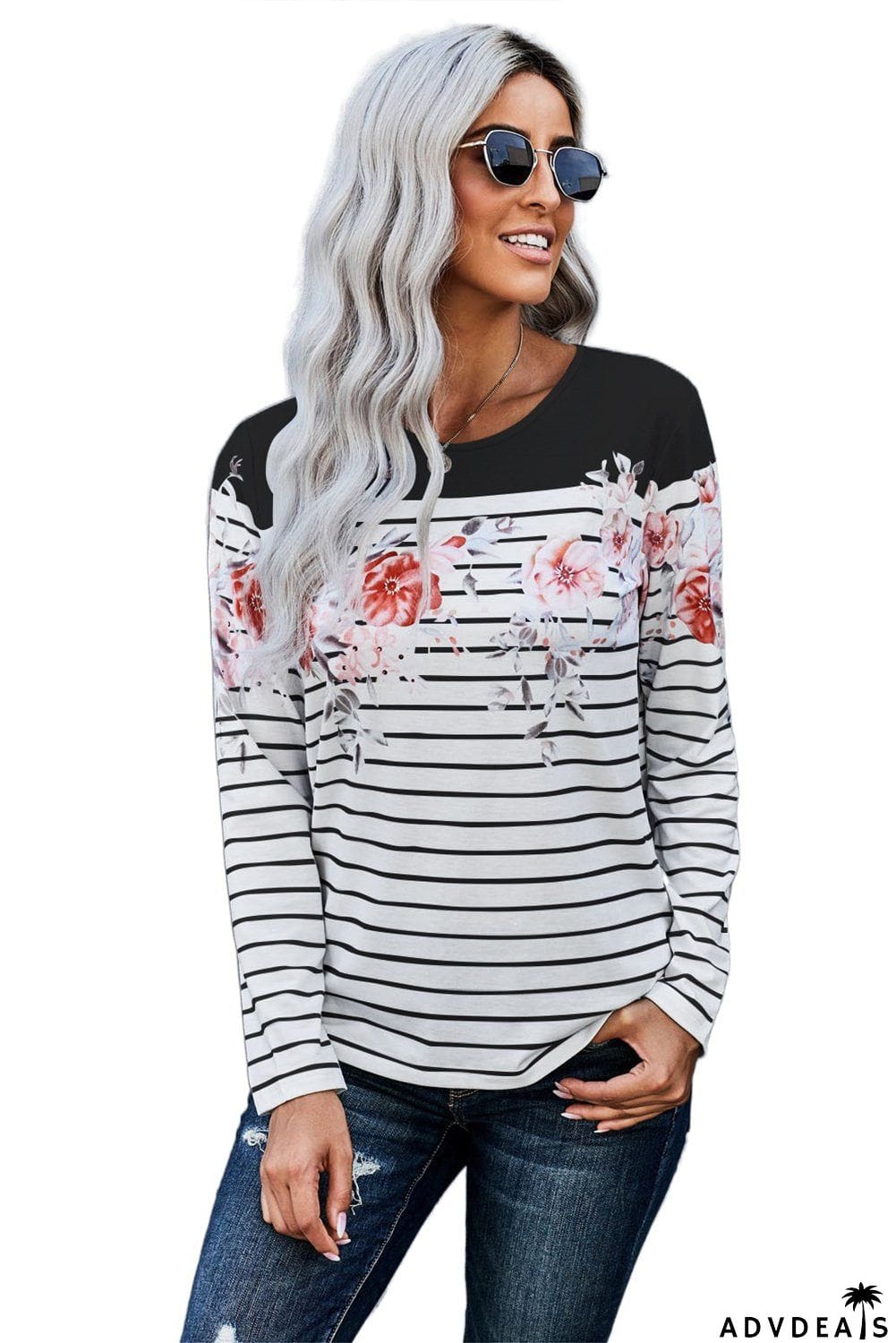 White Black Floral Striped Print Long Sleeve Top