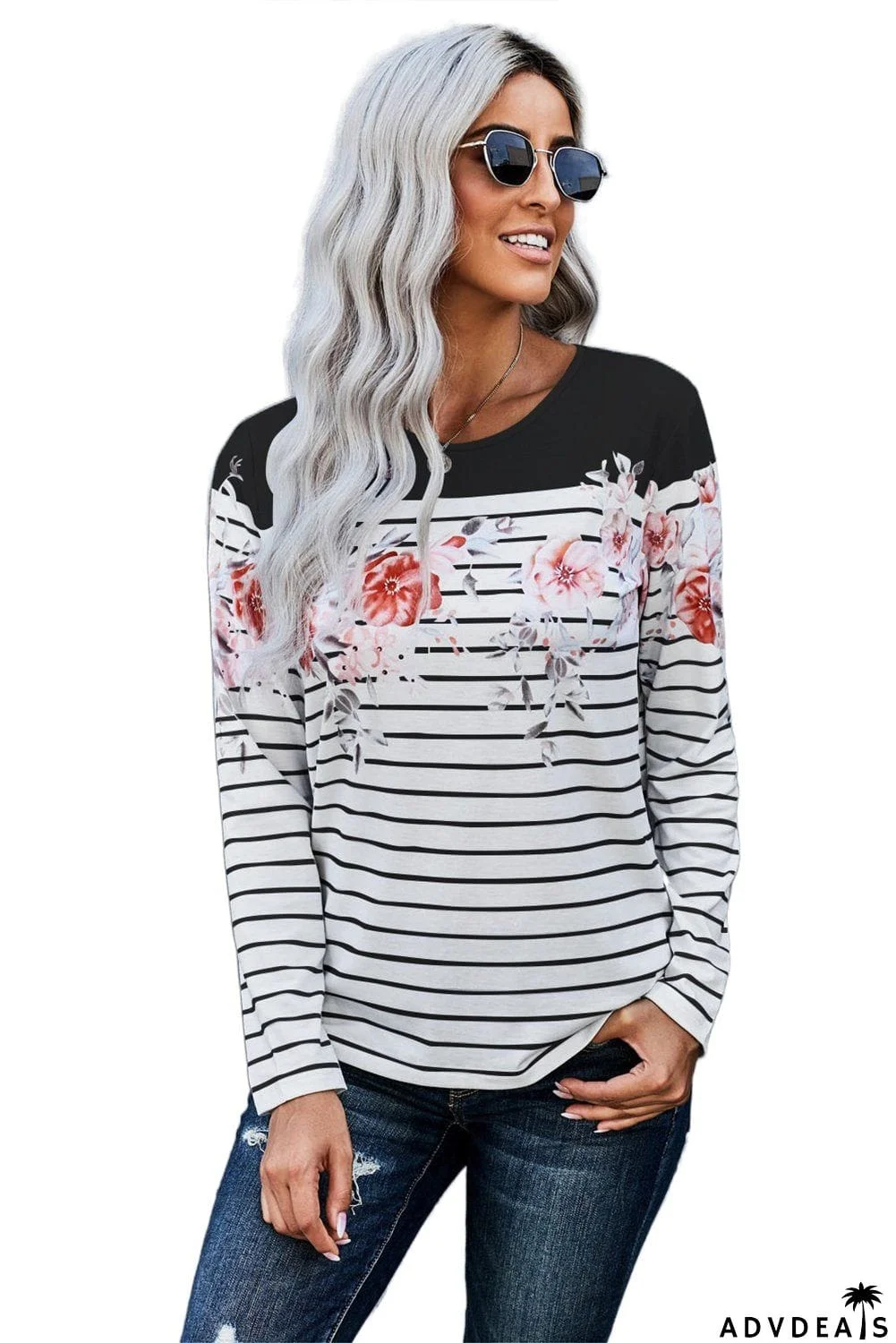 White Black Floral Striped Print Long Sleeve Top
